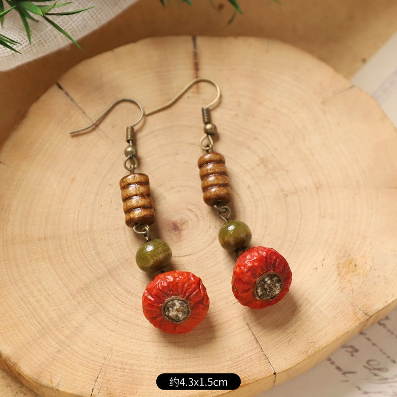 Crimson Vitality | Wild Rosehip & Stacked Wood Earrings